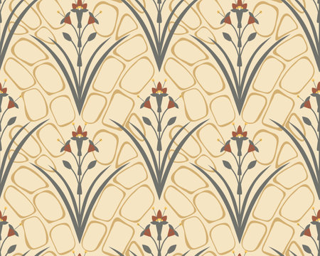 Floral ornament with abstract geometric oval shapes. Flat vector flowers seamless pattern. Art deco style. Fashion design for wallpaper, fabric, textile, wrapping, surface, paper.のイラスト素材