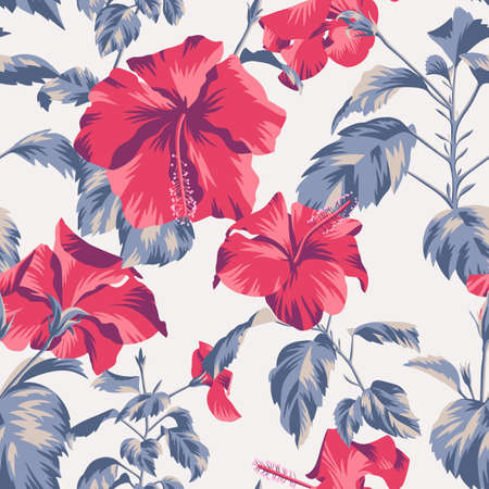Beautiful botanical repeat background. Floral seamless pattern with Chinese Hibiscus rose flowers. Graphic texture art design, For textile, fabric, fashion, wrapper and surface.のイラスト素材