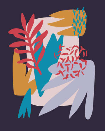 Vector abstract floral artwork. Cartoon style. Collage of flat flowers, petals, leaves and doodle elements. Colorful botanical background made of cutout paper plants.のイラスト素材