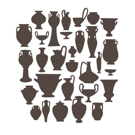 Antique vases set. Collection of vintage crockery objects. Greek and roman pottery amphoras, vessels, jar, urn, pitcher for food, wine, grain and oil. Clay dishes silhouettes isolated on white.のイラスト素材