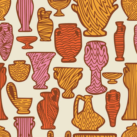 Abstract seamless pattern with antique vases. Vintage objects crockery background. Greek and roman amphoras and vessels for food, wine, grain, oil and incense. Clay dishes with decorative ornament.のイラスト素材