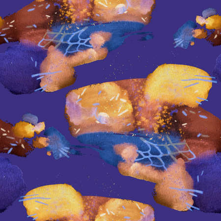 Watercolor hand drawn brush strokes background. Abstract seamless pattern made of colorful painted shapes with stains and spots. Paper texture. Contemporary modern art grunge illustration.の写真素材