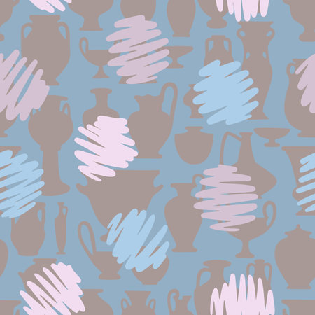 Polka dot seamless pattern. Decorative hand drawn circles on antique vases shapes and silhouettes texture. Vintage crockery backgroundのイラスト素材