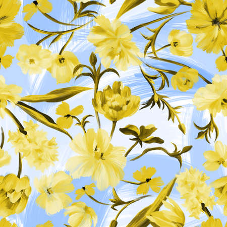 Bright botanical background. Seamless pattern made of garden delicate flowers in bloom. Classic vintage style. Floral colorful ornament for fabric, textile, fashion design and wrapping.の写真素材