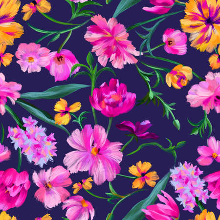 Bright botanical background. Seamless pattern made of garden delicate flowers in bloom. Classic vintage style. Floral colorful ornament for fabric, textile, fashion design and wrapping.の写真素材
