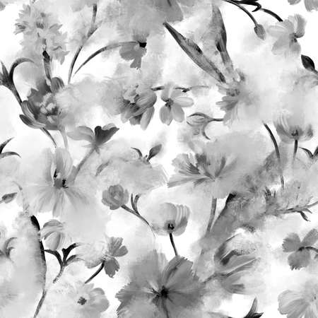 Trendy abstract floral seamless pattern. Defocused bright garden blossom flowers with large buds. Blurred summer botanical ornament for fashion design, textile and fabric.の写真素材