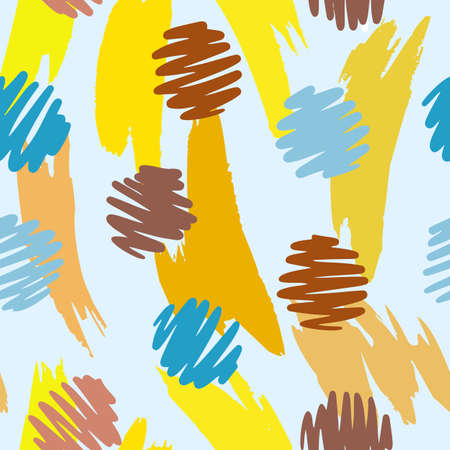 Vector abstract seamless pattern made of brush strokes shapes mixed with polka dot texture. Smears with uneven edges. Simple figures in flat design. For fashion, textile, fabric and wrapping.のイラスト素材