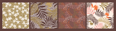 Set of modern floral seamless patterns. Tropical exotic leaves and small cute daisy flowers collection with abstract geometric textures. botanical prints. floral silhouettes. Bundle of summer motifs.のイラスト素材