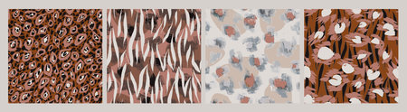 Seamless animal skin fashion patterns. Spotted and striped abstract geometric backgrounds. Set of decorative leopard, tiger and zebra fur textures. Luxury trendy textile print swatches.のイラスト素材