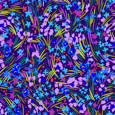 Seamless pattern made of flat small daisies in bloom. Bright nature botanical ornament. Colorful wavy dashed lines forming meadow grass and herbs texture. Abstract floral background.のイラスト素材