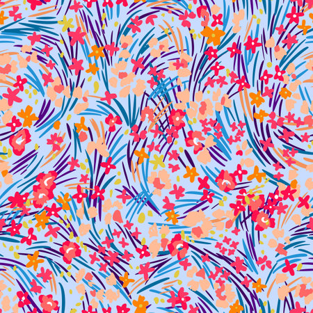 Seamless pattern made of flat small daisies in bloom. Bright nature botanical ornament. Colorful wavy dashed lines forming meadow grass and herbs texture. Abstract floral background.のイラスト素材