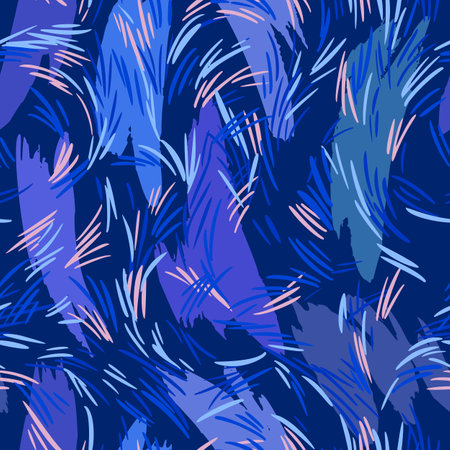 line art. Seamless pattern made of artistic colorful stroke lines. Abstract geometric background. Nature botanical ornament, meadow grass and herbs print with brush strokes texture.のイラスト素材