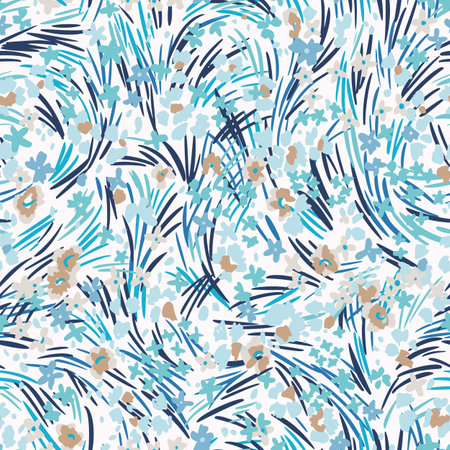 Seamless pattern made of flat small daisies in bloom. Bright nature botanical ornament. Colorful wavy dashed lines forming meadow grass and herbs texture. Abstract floral background.のイラスト素材