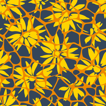 Irregular abstract rounded pentagonal grid foam form mixed with daisies flowers. Grid mesh web structure. Floral and cell texture seamless pattern. botanical summer background.のイラスト素材