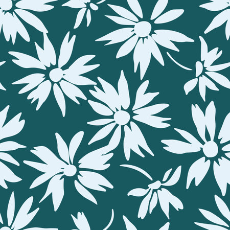 Floral background with daisies. Summer botanical seamless pattern with silhouettes of blooming flowers. cartoon flat style. Simple meadow flowers isolated. Fabric and textile design.のイラスト素材
