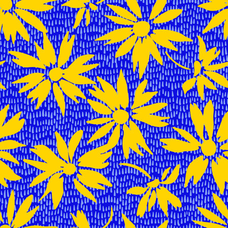 Floral background with daisies. Summer botanical seamless pattern with silhouettes of blooming flowers. cartoon flat style. Simple meadow flowers isolated. Fabric and textile design.のイラスト素材