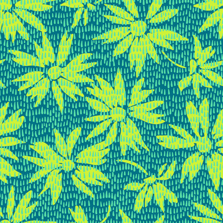 Floral background with daisies. Summer botanical seamless pattern with silhouettes of blooming flowers. cartoon flat style. Simple meadow flowers isolated. Fabric and textile design.のイラスト素材