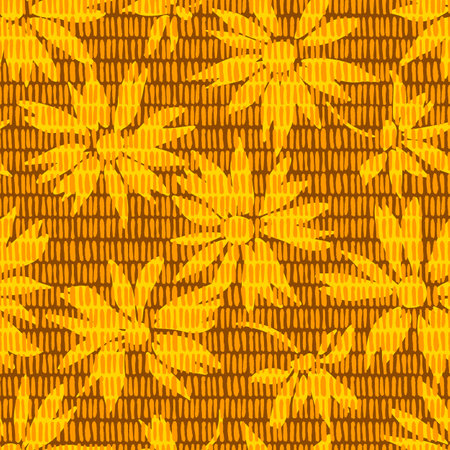 Floral background with daisies. Summer botanical seamless pattern with silhouettes of blooming flowers. cartoon flat style. Simple meadow flowers isolated. Fabric and textile design.のイラスト素材