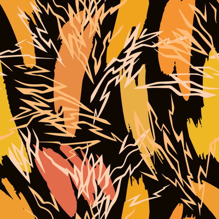 Vector abstract seamless pattern made of brush strokes shapes mixed with zig zag thin lines texture. Smears with uneven edges. Simple figures in flat design. broken lines backgroundのイラスト素材