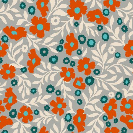 Abstract daisy flowers vector background. Small size meadow flowers with leaves, branches and stems. Floral deamless pattern. Flat simple decorative design. Folk art, vintage style.のイラスト素材