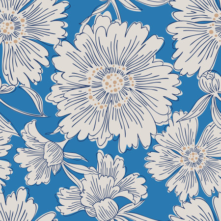 Hand drawn abstract garden flowers. contour drawing. Large daisy heads in bloom. Summer floral seamless pattern. line art flowers. Detailed sketch drawing. Good for dress, fabric and textile.のイラスト素材