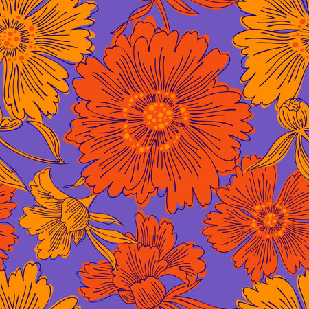 Hand drawn abstract garden flowers. contour drawing. Large daisy heads in bloom. Summer floral seamless pattern. line art flowers. Detailed sketch drawing. Good for dress, fabric and textile.のイラスト素材