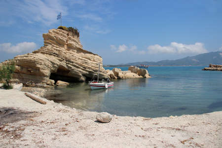 A motor boat at the blue bay, Zakinthos, Greeceの写真素材
