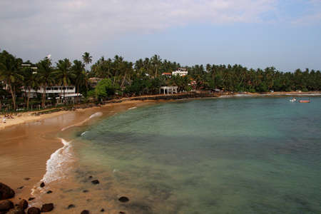 view of the ocean and sandy seashore with palmsの写真素材
