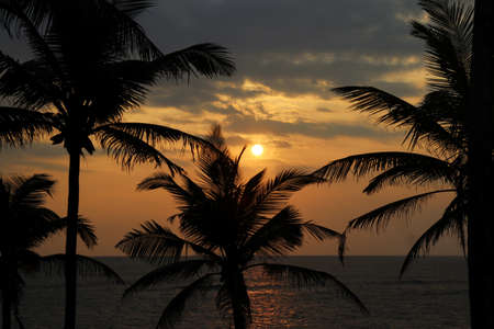 sun sets over the horizon on tropical beachの写真素材