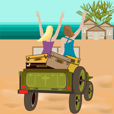 Summer travel banners. Tropical vacation on a retro car.のイラスト素材