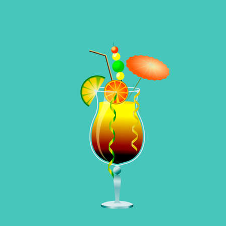 Alcoholic drink in a cocktail glass with fruit, umbrella and straw.のイラスト素材
