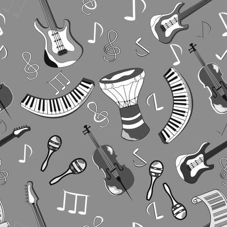 Cartoon cute doodles hand drawn Musical seamless pattern. M Endless funny vector illustration. Backdrop with music symbols and itemsのイラスト素材