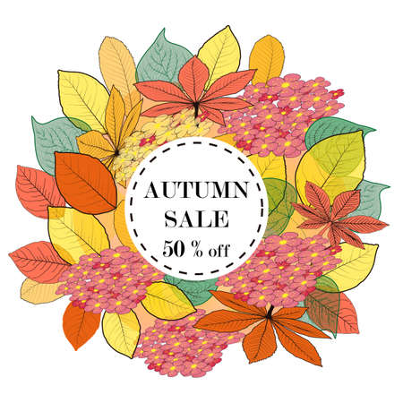 Vector background with red, orange, brown and yellow falling autumn leaves.のイラスト素材