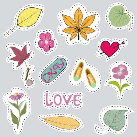 Fashionable patches with isolated elements. Set of stickers, pins, patches in cartoon comic style.のイラスト素材