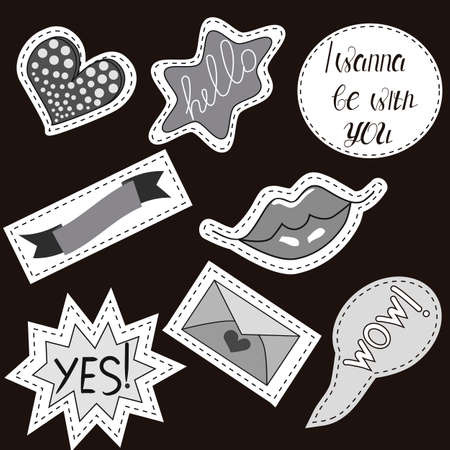 Vector illustration isolated on a black background. Set of stickers, pins, patches in cartoon 80s-90s comic style.のイラスト素材