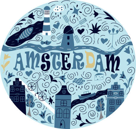 Banner of Amsterdam city in flat line trendy style. Amsterdam city line art. All buildings separated and customizable.のイラスト素材