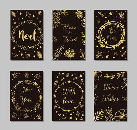 New Year and Merry Christmas decoration set.Typography set.The main symbols of the holiday. Vector logo, emblems, text design. Usable for , greeting cards, gifts etc.のイラスト素材