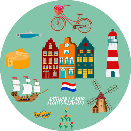 Holland travel cultural and sightseeing symbols frame background poster with tulips wooden clogs and windmills vector illustrationのイラスト素材