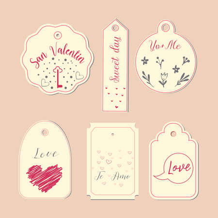 Hand drawn labels and elements collection for Valentine's Day.The main symbols of the holiday. Emblems, text design which is usable for banners, greeting cards, gifts etc.のイラスト素材