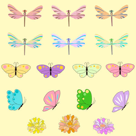 Spring set for design of multicolored butterflies, dragonflies and flowers.Can be used for wedding, baby shower, mothers day, valentines day, birthday cards, invitations, greetings and romantic labels.のイラスト素材