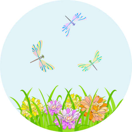 Spring set for design of multicolored butterflies, dragonflies and flowers. Can be used for wedding, baby shower, mothers day, valentines day, birthday cards, invitations, greetings and romantic labels.のイラスト素材