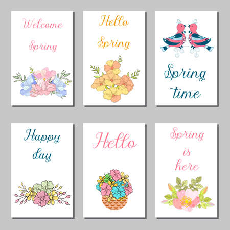 Birthday cards design set with abstract flowers and hand written text. Collection of beautiful greeting cards in the Doodle style.のイラスト素材