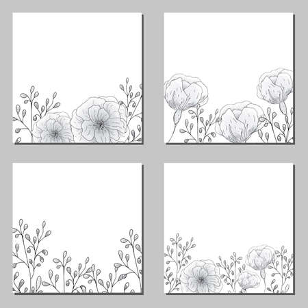 Collection of vector template label, visit cards, square greeting cards and banners with home plants, wild flowers and herbs.のイラスト素材