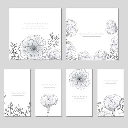 Collection of vector template label, visit cards, square greeting cards and banners with home plants, wild flowers and herbs.のイラスト素材