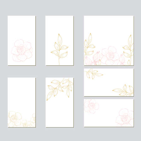 Vector template for wedding invitation. Green leaves, peony,rosas flowers, floral borders, striped background. All elements are isolated.のイラスト素材