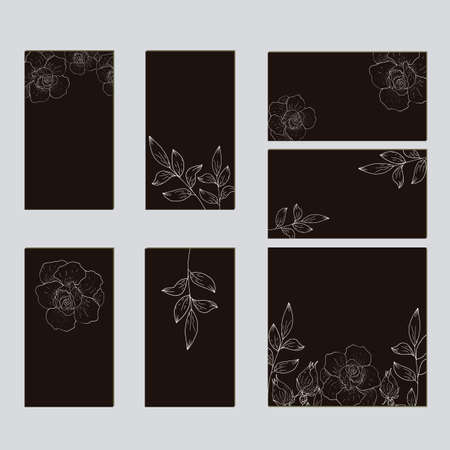 Vector template for wedding invitation. Green leaves, peony,rosas flowers, floral borders, striped background. All elements are isolated.のイラスト素材