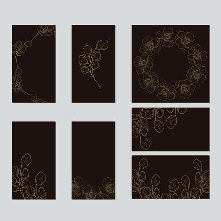 Vector template for wedding invitation. Green leaves, peony,rosas flowers, floral borders, striped background. All elements are isolated.のイラスト素材