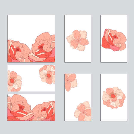 Vector template for wedding invitation. Green leaves, peony,rosas flowers, floral borders, striped background. All elements are isolated.のイラスト素材