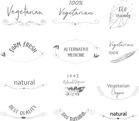 Bio, Ecology, Organic logos and icons, labels, tags. Hand drawn bio healthy food badges, set of raw, vegan, healthy food signs, organic and elements setのイラスト素材