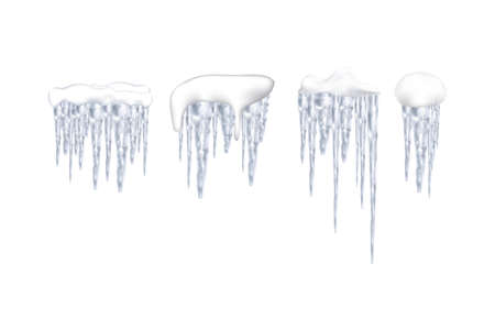 Set of snowy elements, icicles and caps on winter background. Winter seasonal decorations. Vector template in realistic style.の写真素材